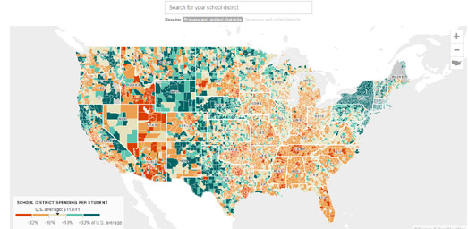 a map of the USA showing the amount of money spent per student in each school district