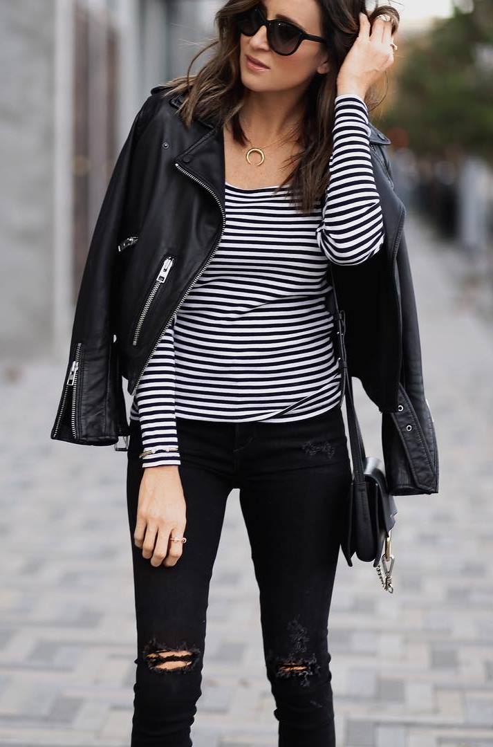 how to style a biker jacket : striped top + bag + black skinnies