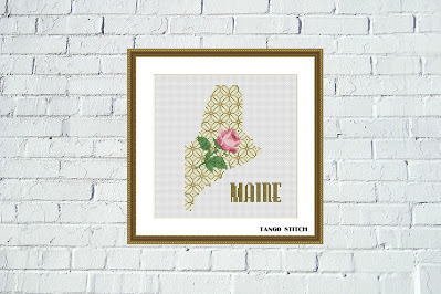 Maine USA state map flower ornament cross stitch pattern, Tango Stitch