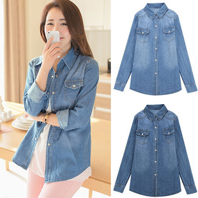 Kemeja Jeans Denim Blouse Lengan Panjang Casual