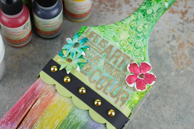 This mixed media paintbrush was created using Fun Stampers Journey products, including the Color Pop Stamp Set.  Lots of layering went into creating this fun accent piece that's perfect for display in a studio or craft room.  