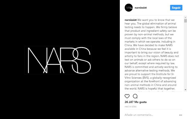 nars deja de ser cruelty free comunicado instagram