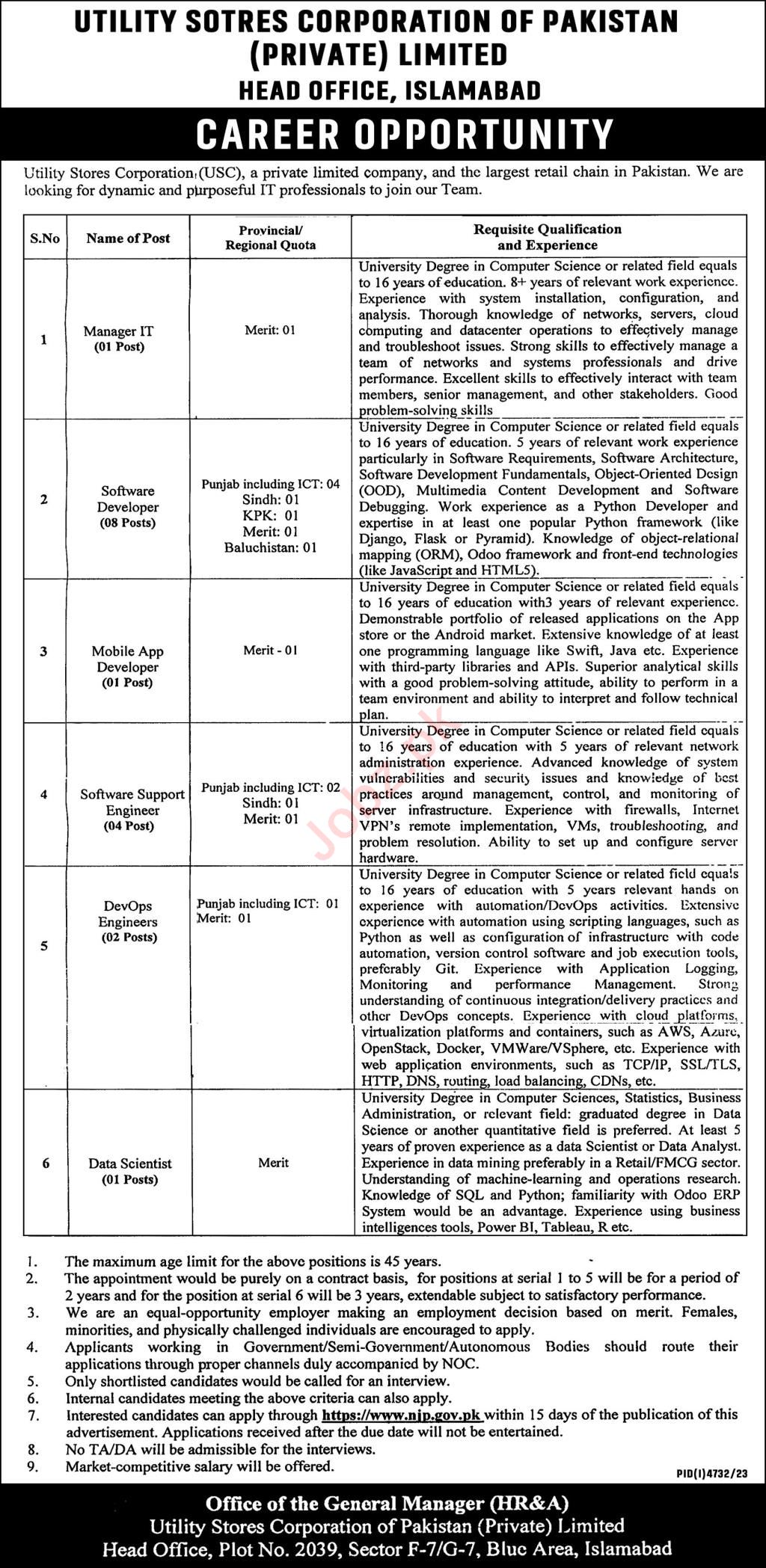 Utility Stores Corporation of Pakistan Management Jobs In  Islamabad 2024