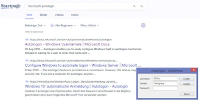 Startpage Suche und Autologin Fenster mit den drei Eingabefeldern