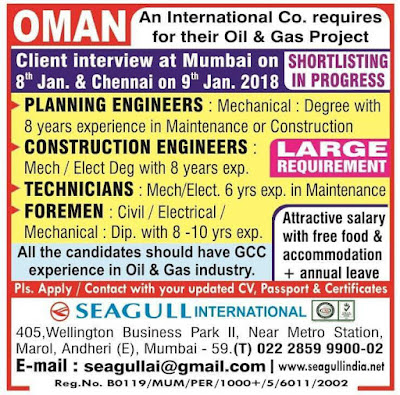 International company Oil & Gas Project Job vacancies for Oman - free food & accommodation