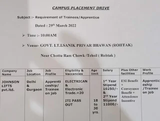 ITI Campus Placemat Drive for Apprenticeship and  Trainee on Job in Rohtak, Haryana for Johnson Lifts Pvt. Ltd Company