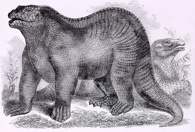 Antigua representación del iguanodon, con el cuerno en la nariz.