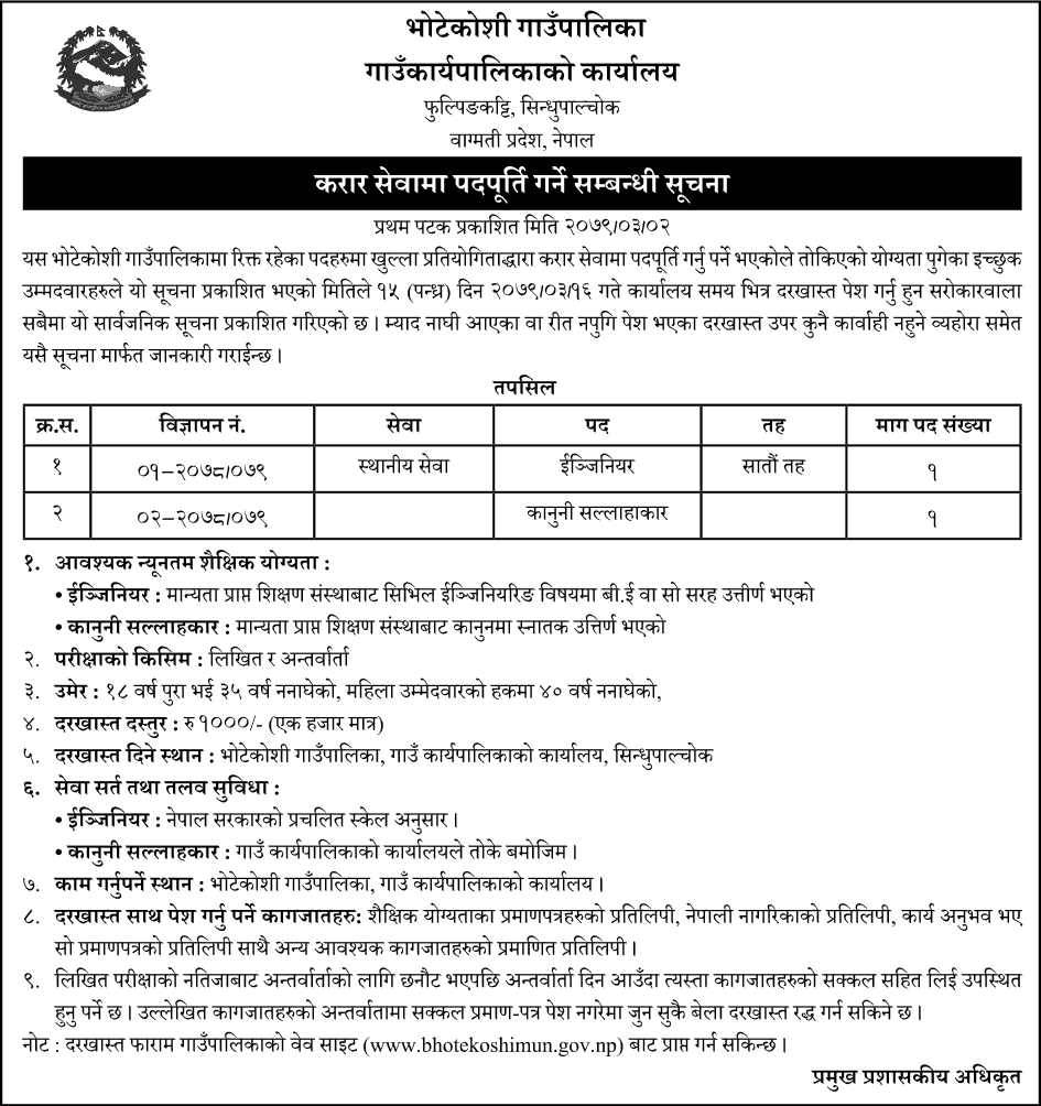 Bhotekoshi Rural Municipality Vacancy