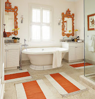 Orange framed wall mirrors for unique bathroom decor ideas also with wall arts and bathroom rugs