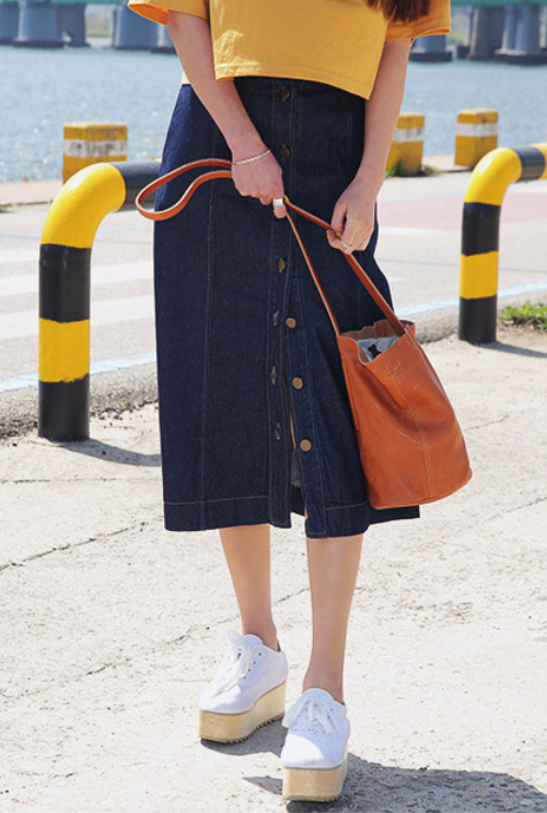 Buttoned Denim Midi Skirt