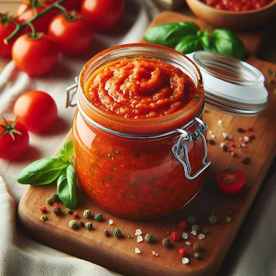 Auf dem Bild ist ein Vorratsglas mit Deckel zu sehen. Es ist gefüllt mit einen frischzubereiteten Tomaten-Pesto.