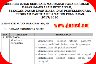 Kisi-Kisi Ujian Sekolah (US) SD Tahun Pelajaran 2015/2016