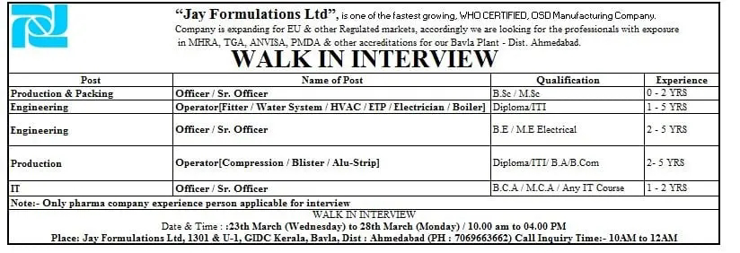 Job Availables,Jay Formulations Ltd Walk-In-Interview For BE/ ME Electrical/ BSc/ MSc/ ITI/ Diploma/ BA/ B.Com/ BCA/ MCA / Any IT Course- Freshers/ Experienced