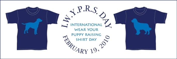 banner with logo that says IWYPRS DAY, International Wear Your Puppy Raising Shirt Day, with two shirts on the sides, one with lab silhouette, other with golden retriever silhouette