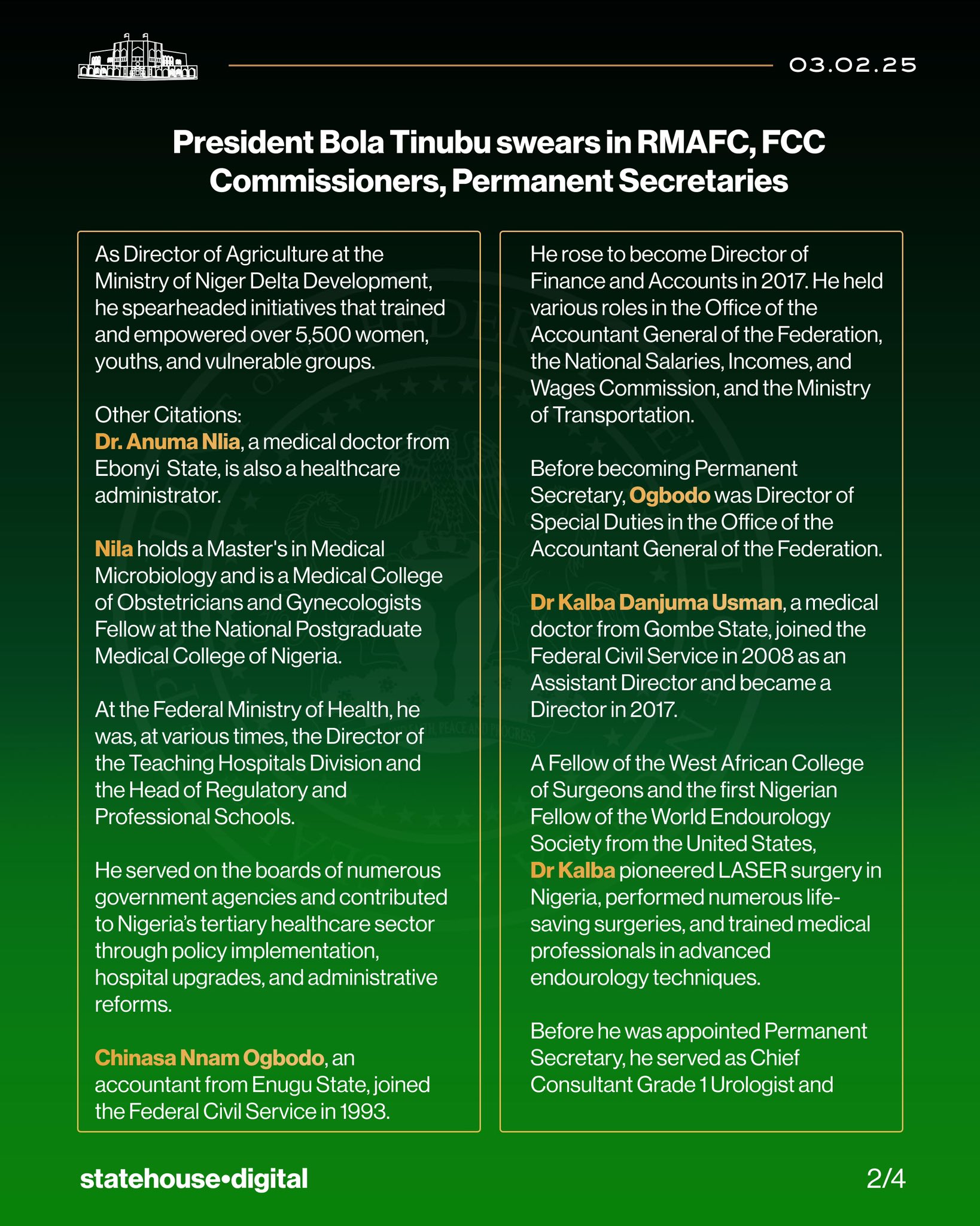 President Bola Tinubu swears in RMAFC, FCC Commissioners, Permanent Secretaries