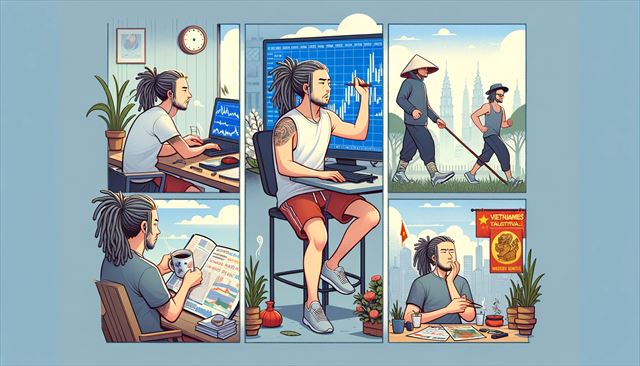 Create a wide illustration featuring a casual Japanese man with dreadlocks engaged in various activities throughout his day. The scene should depict him sitting at a desk with multiple screens, showing frustration and confusion while trying to understand foreign exchange charts. Transition to him enjoying an early morning walk, reflecting his routine to combat weakening legs, depicted in a peaceful outdoor setting. Lastly, show his anticipation for attending a Vietnamese festival, possibly holding a cup of Vietnamese coffee or looking at a festival flyer. The style should be simple and minimalistic, emphasizing the diverse aspects of his day.