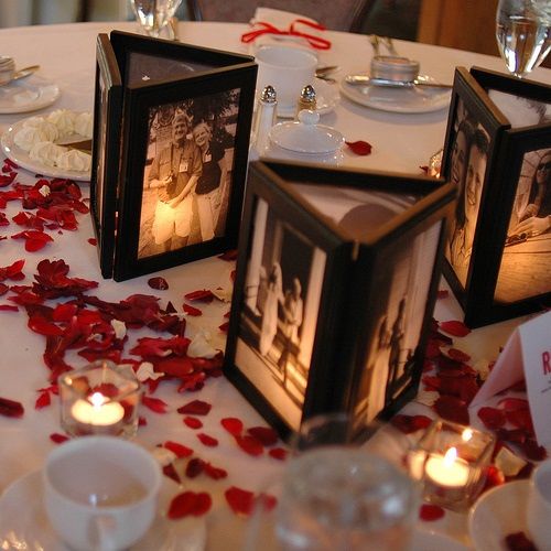 elegant-unique-wedding-centerpieces-ideas-with-vintage-photography-in-frame-and-rose-petals-and-candle