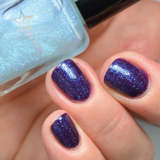 blue fleck nail polish topper swatched over purple