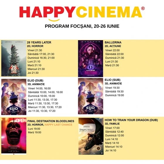 Program proiectii 20 - 26 iunie 2025 @ HappyCinema Focsani