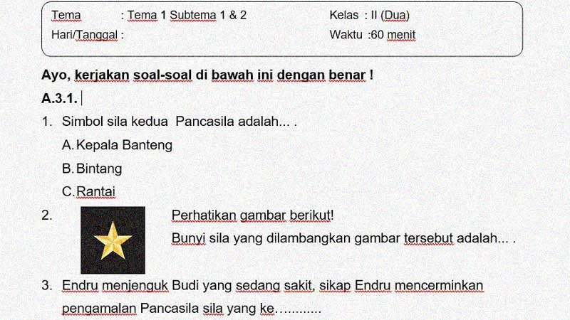 Soal Penilaian Kelas 2 Tema 1 Subtema 1 dan 2 + Kunci Jawaban