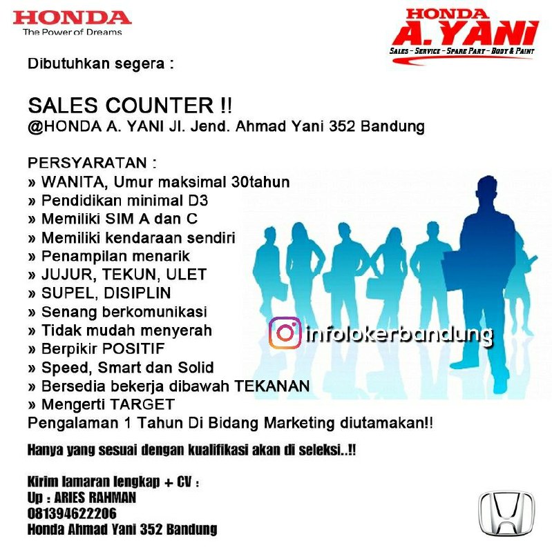 Lowongan Kerja Sales Counter Honda A.Yani Bandung Februari 