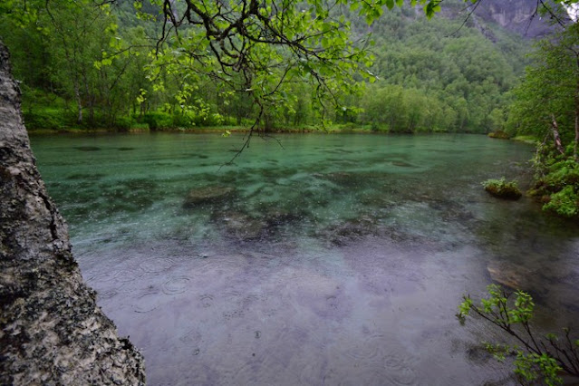 Národní park Rago v Norsku a smaragdová řeka.