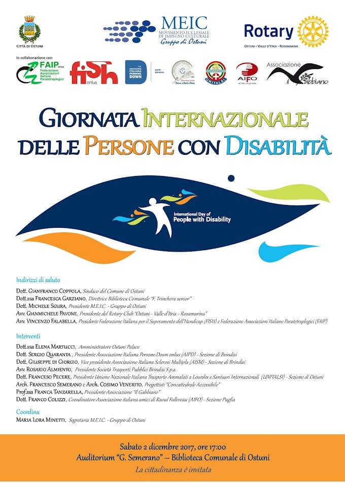 Ostuni: sabato 2 dicembre convegno sulla 'Giornata Internazionale delle Persone con Disabilità'