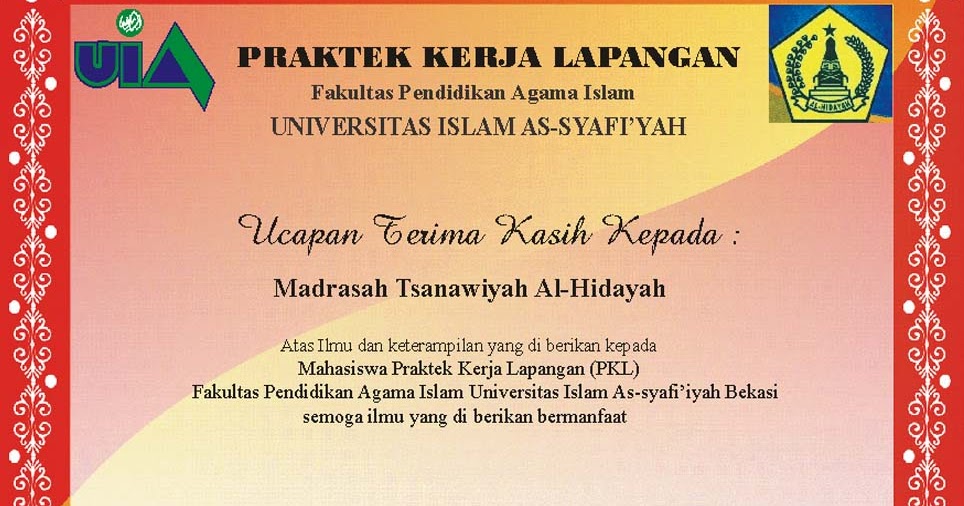 Contoh Sertifikat Ucapan terima kasih PKL Mahasiswa - IMAM 