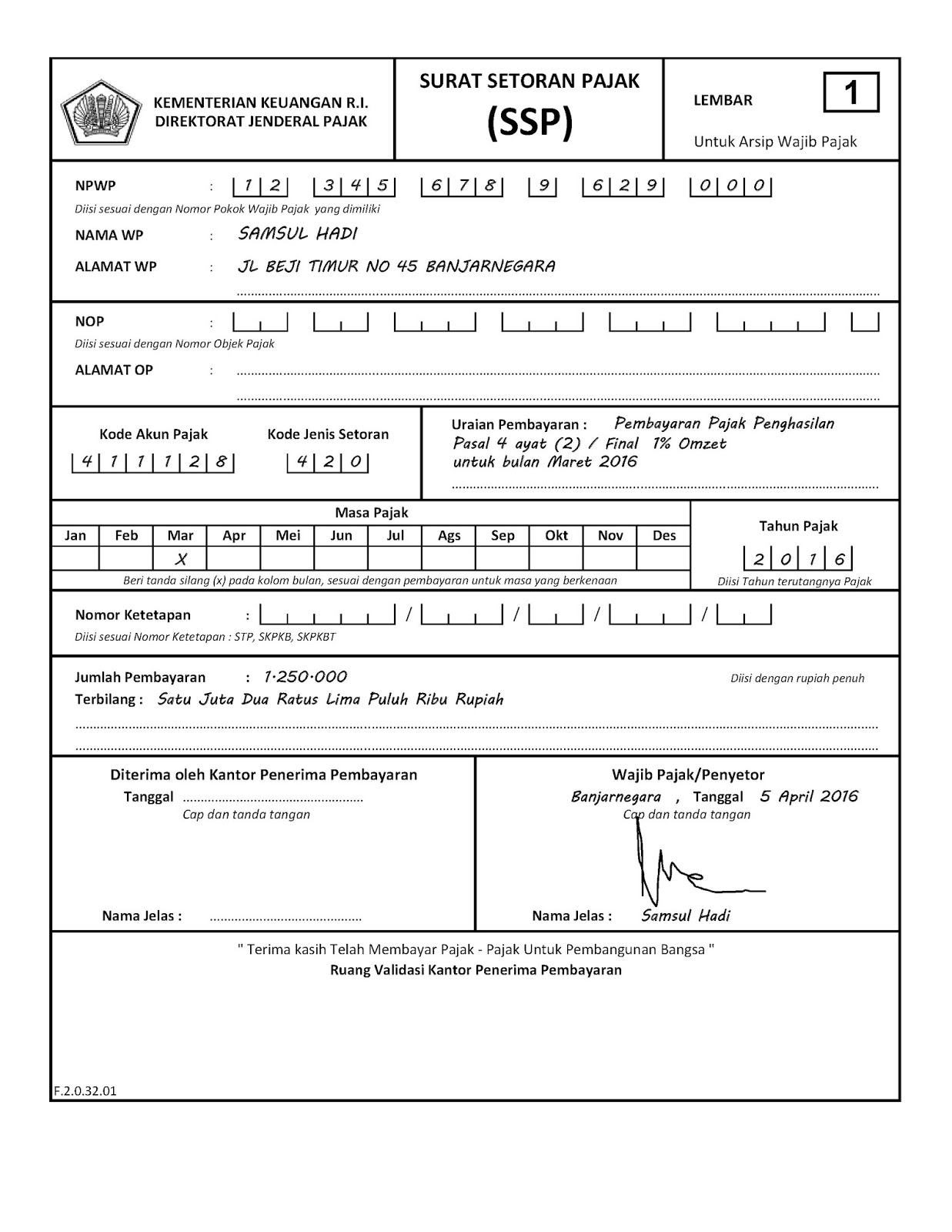 Pajeg Lempung: Contoh Pengisan Surat Setoran Pajak (SSP 