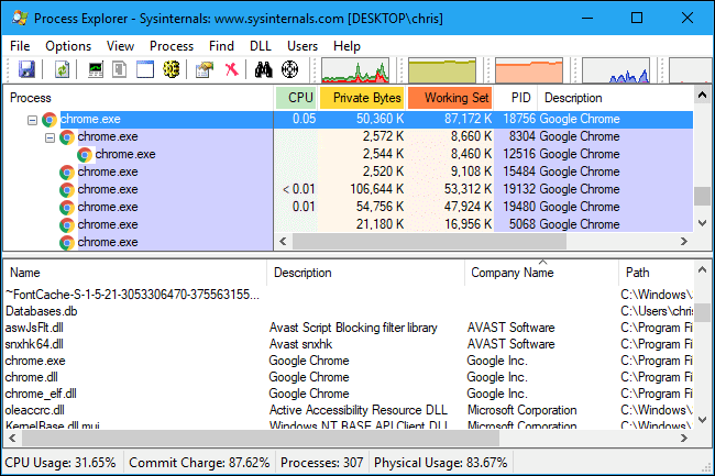 Selezionare un processo nel pannello process explorer