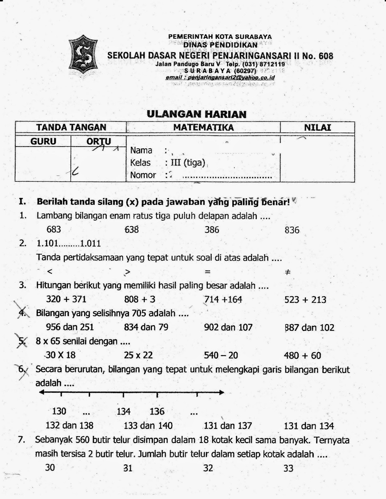 Ulangan Harian Matematika Semester Ganjil Kelas 3 SD TA 2014 2015