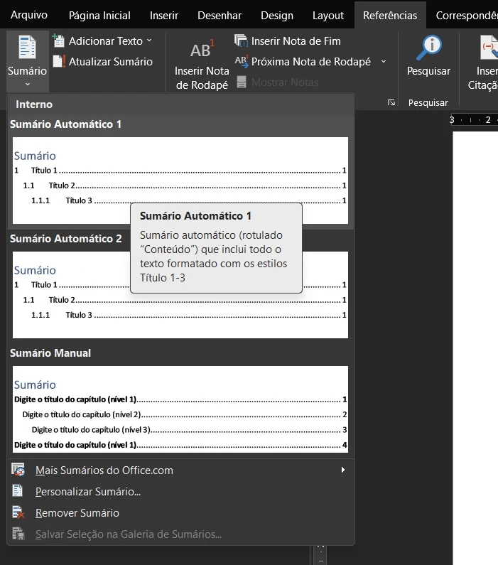 Escolhendo os tipos de sumários no Word