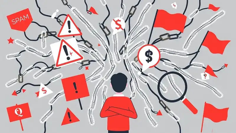 "Visual representation of common backlinking mistakes in SEO, including broken links, spam indicators, and warning signs highlighting poor link-building practices.