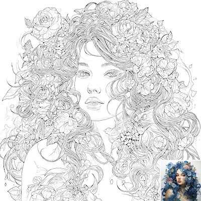 Colouring book page monochrome line drawing female beauty hair bouquet flowers floral