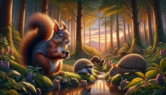 Small mammals gather in a forest clearing, their diverse and endearing nature highlighted in a cozy, communal scene.