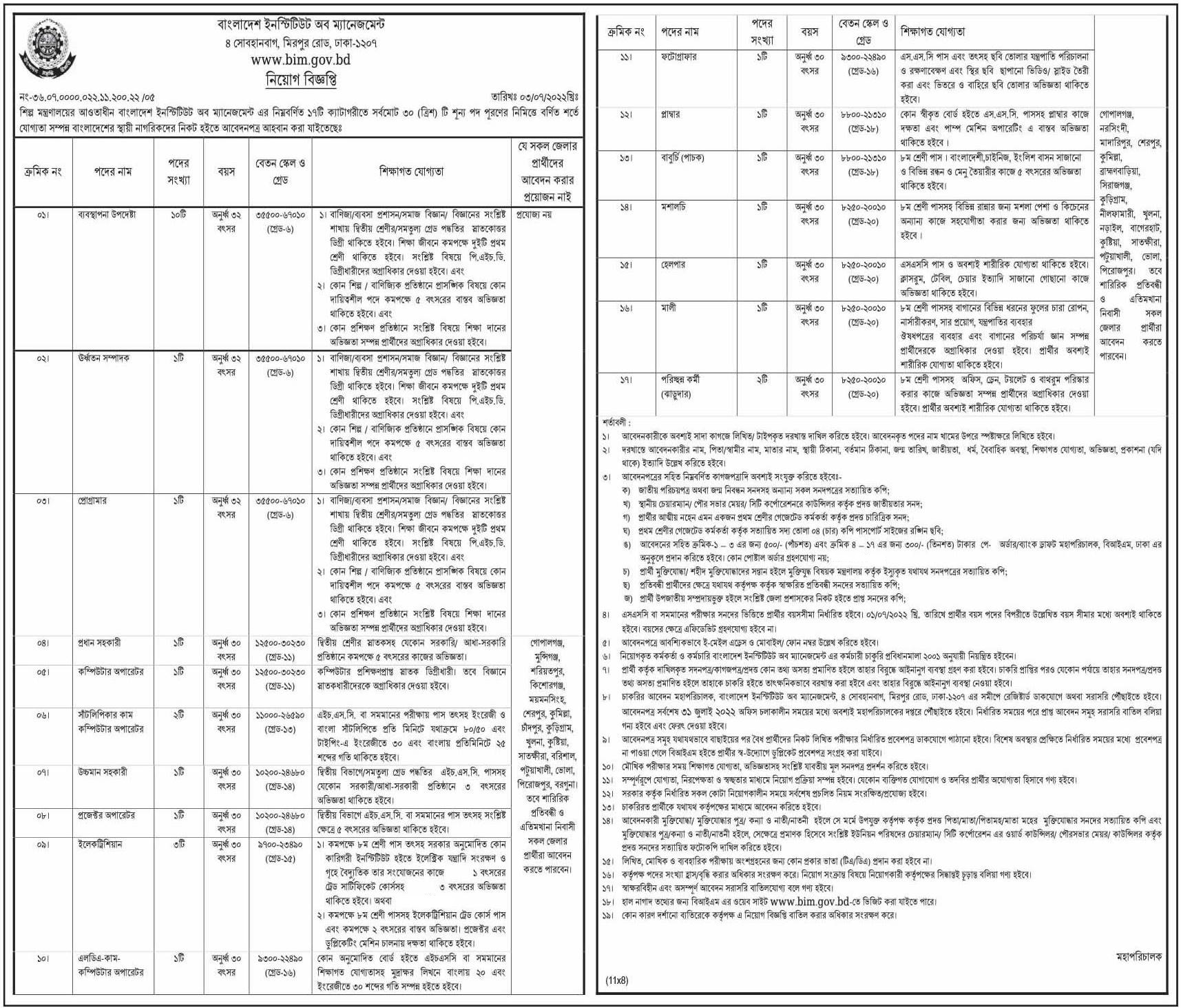 ৩০ পদে বাংলাদেশ ইনস্টিটিউট অব ম্যানেজমেন্ট নিয়োগ বিজ্ঞপ্তি ২০২২