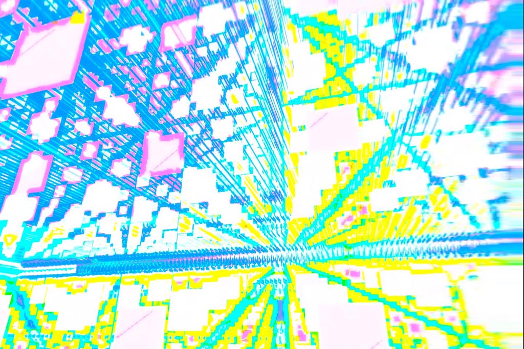 Colorful digital grids of blocks cycle before your eyes.