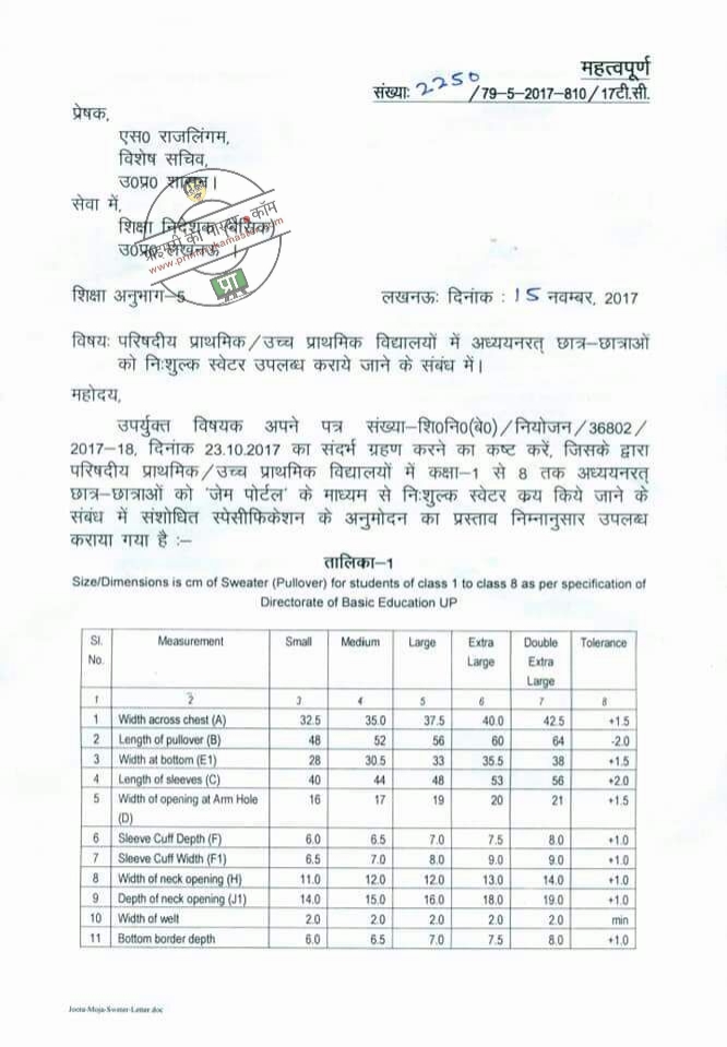 प्राथमिक/उच्च प्राथमिक विद्यालयों में अध्ययनरत छात्र-छात्राओं को नि:शुल्क स्वेटर उपलब्ध कराए जाने के संबंध में आदेश जारी