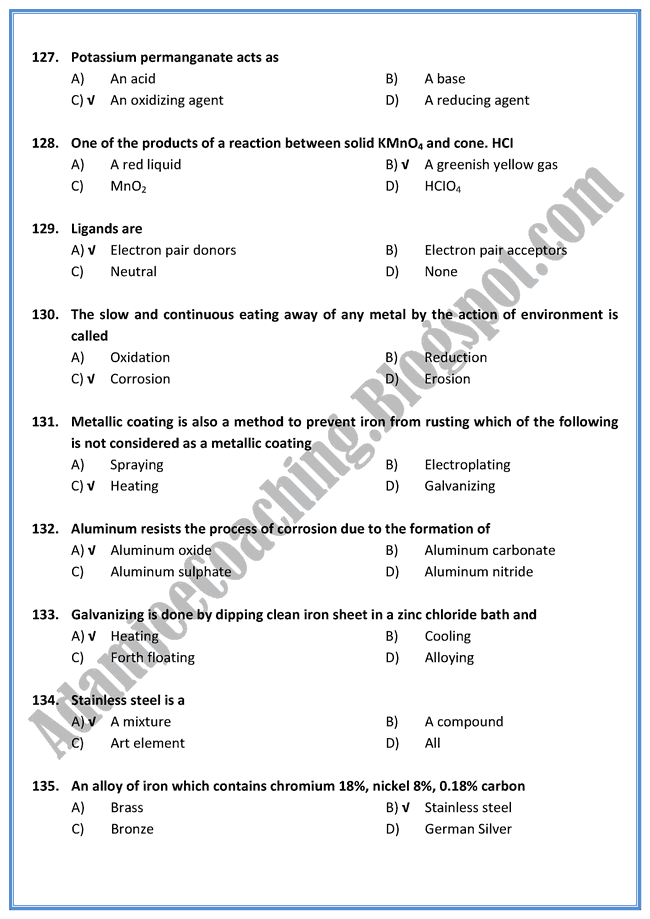 Chemistry Mcqs XII - All Chapters - 300 Mcqs