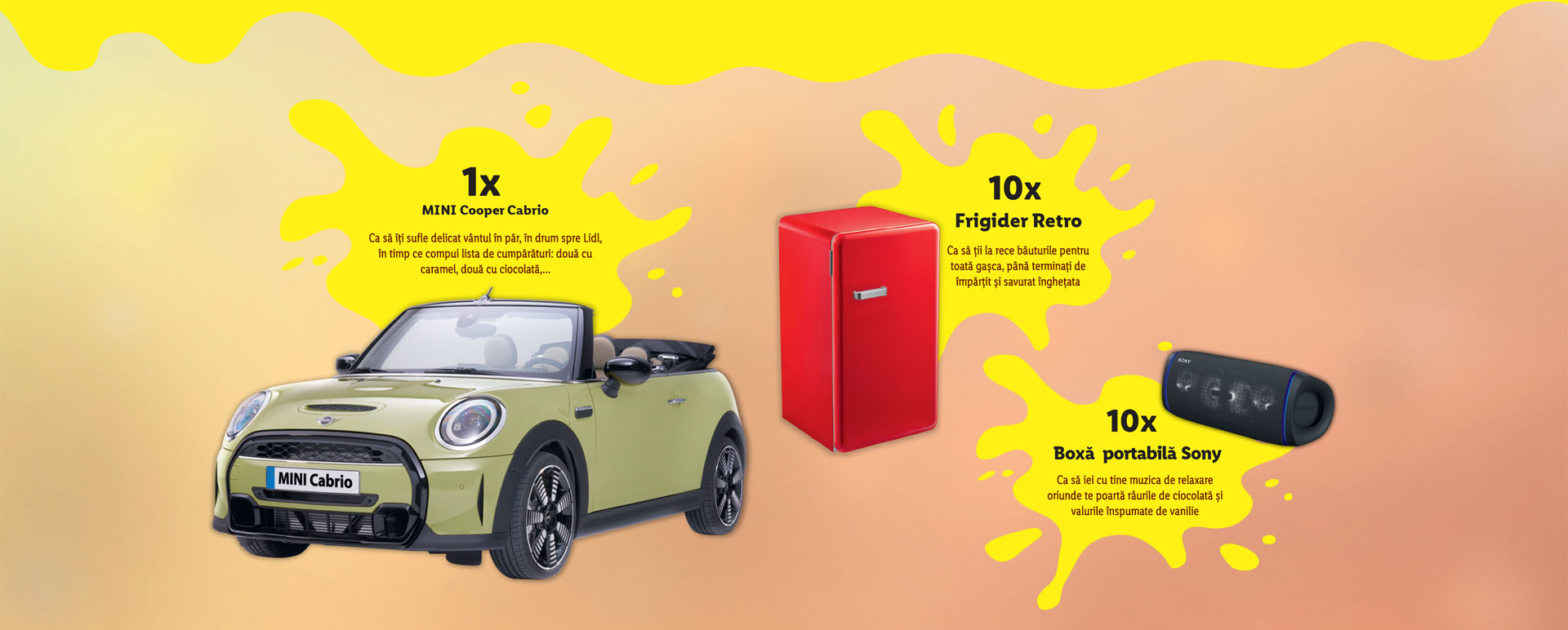 Concurs Lidl - Premii super cool cu fiecare Gelatelli sau Bon Gelati: o masina MINI Cooper Cabrio, 10 frigidere Retro sau 10 boxe portabile Sony