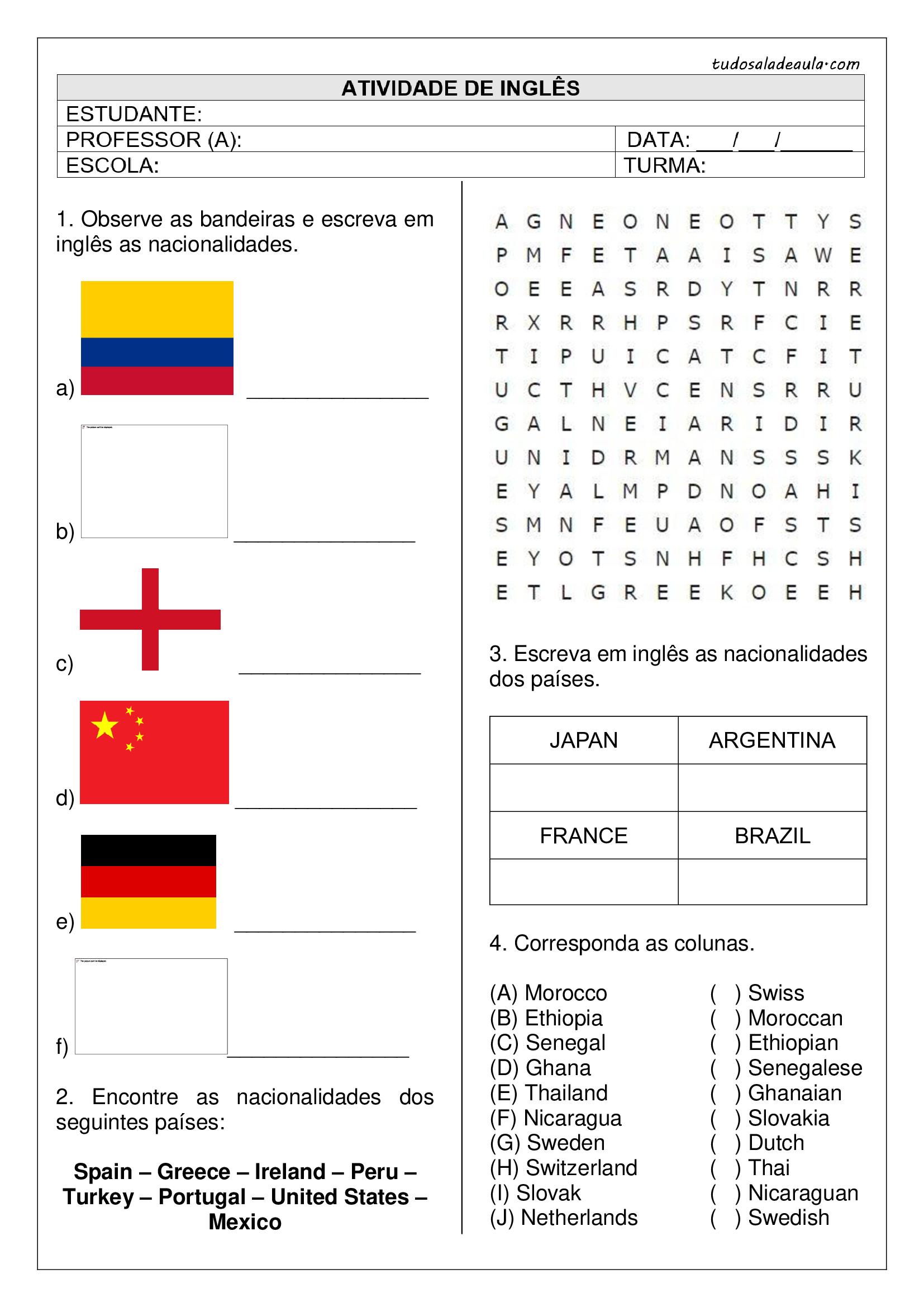 Atividades de Inglês para o 5º ano - Ensino Fundamental