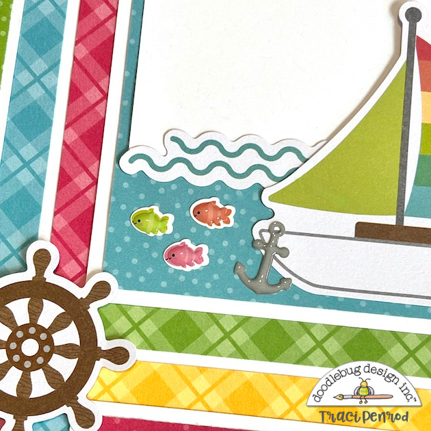 12x12 Beach Summer Scrapbook Layout with sailboat, fish, anchor, and wheel