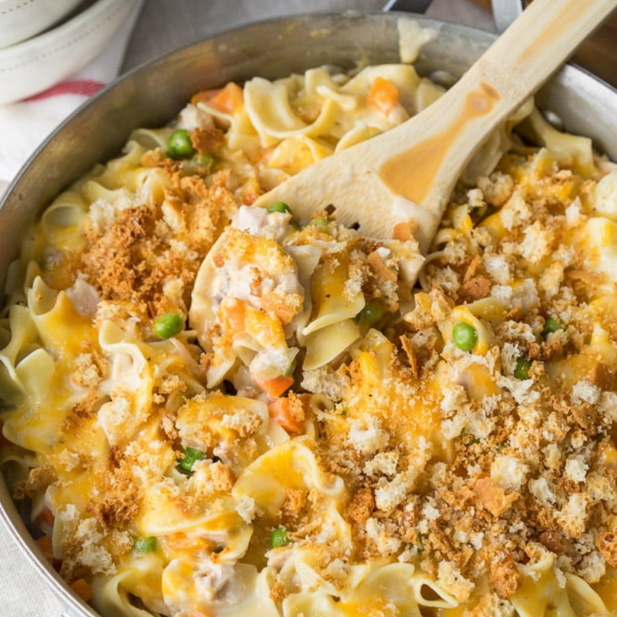 tuna noodle casserole in a skillet