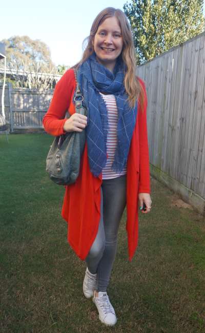 red cardigan with matching striped tee blue windowpane scarf balenciaga storm day bag skinny jeans | awayfromblue