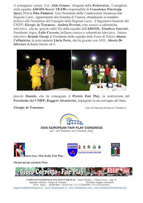 Roma. Premio Amicizia 2012. ARGOS Soccer TEAM Forze di Polizia Nota Stampa - CNI Fair Play