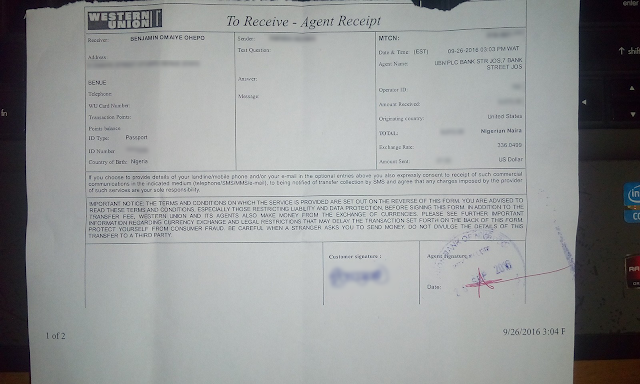 Picture Of "To Receive Agent Receipt" - How To Fill Western Union Receive Teller 