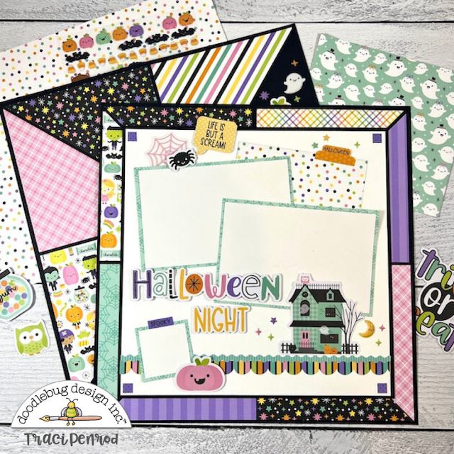 12x12 Halloween Scrapbook Layouts by Artsy Albums made with the Doodlebug Design Sweet and Spooky Collection