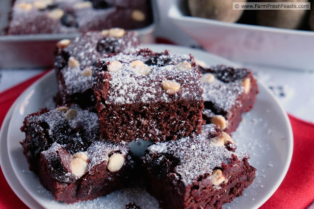 These fudgy brownies are topped with dried cherries and white chocolate chips, stuffed with beets, and a divinely sweet way to enjoy beets from the farm share.
