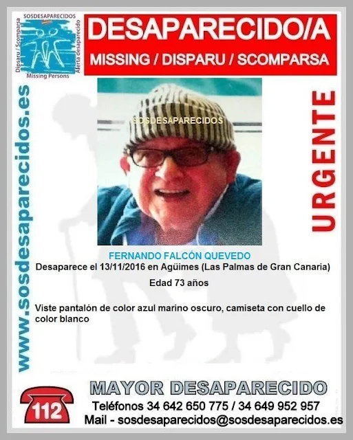 hombre desaparecido en Agüimes, Gran Canaria, Fernando Falcón Quevedo de 73 años