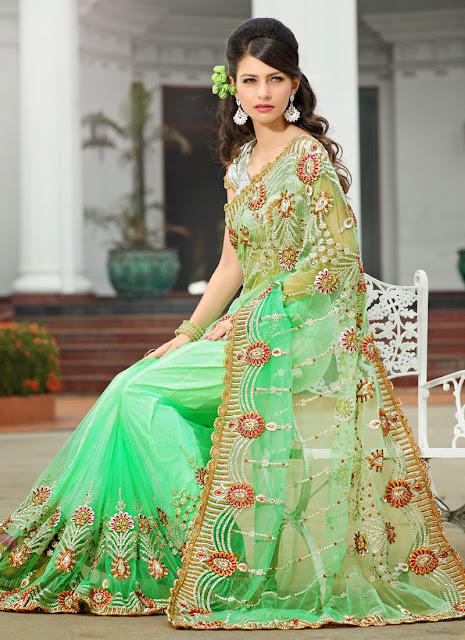 Parrot green bridal party saree